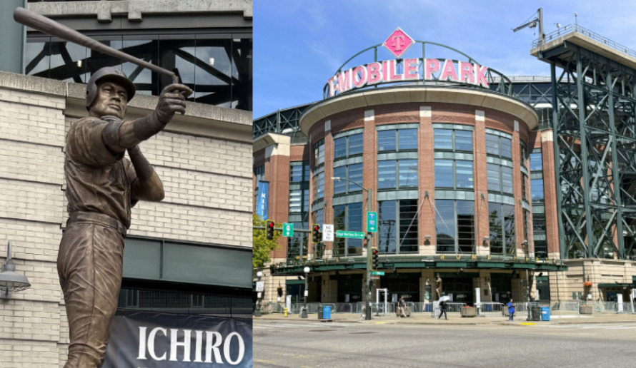 イチローバットが折れた銅像とTモバイルスタジアム外観